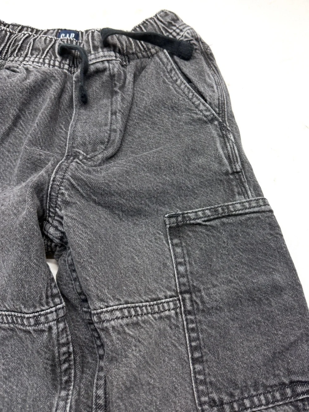 GAP Kids Black Washed Cargo Jeans Baggy Relaxed Fit Elastic Waist Drawstring